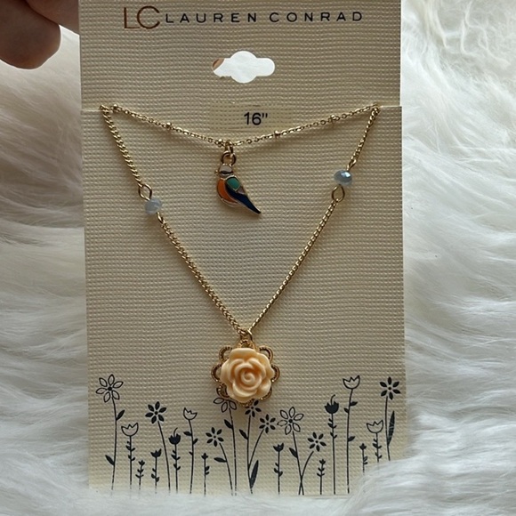 🆕 Lauren Conrad Double Bird & Rose Necklace 16” - Picture 1 of 9